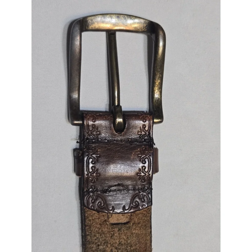 Vtg Genuine Soft Leather Brown Embossed Belt Bronze Buckle 34-38